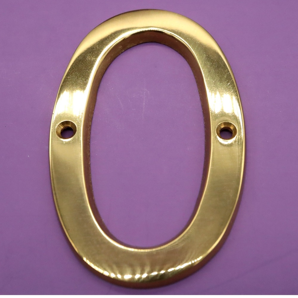 Number 0 Zero Polished Brass 4" House Number w/Hardware Wall Mount Post Address